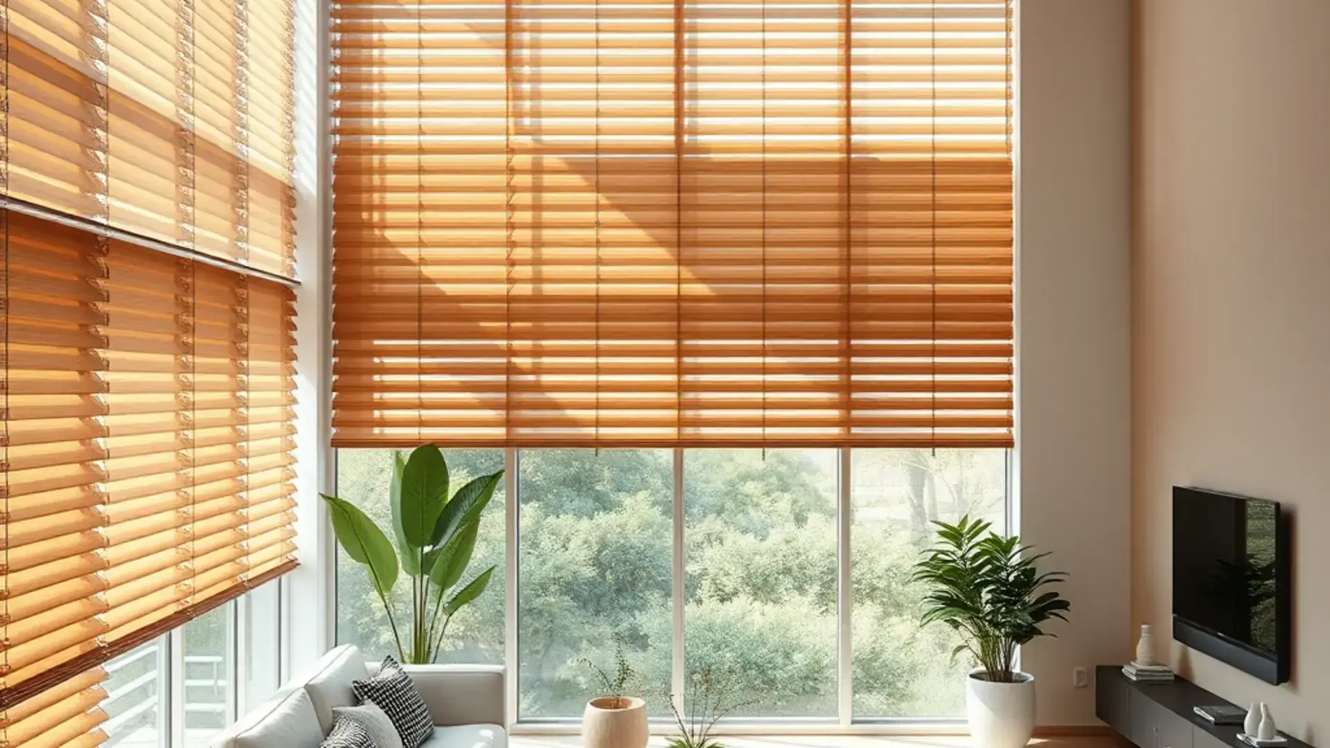 Elegant living room with beautiful wooden blinds